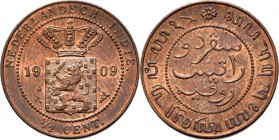 Dutch Oversea Regions
NEDERLANDS-INDISCH GOUVERNEMENT 1816–1949 - ½ cent 1909, Copper, WILHELMINA 1890–1948 TYPE II mmt. hellebaard met ster. Gekroon...