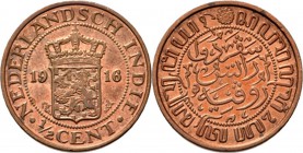 Dutch Oversea Regions
NEDERLANDS-INDISCH GOUVERNEMENT 1816–1949 - ½ Cent 1916, Copper, WILHELMINA 1890–1948 TYPE II mmt. zeepaard. Gekroond smaller r...