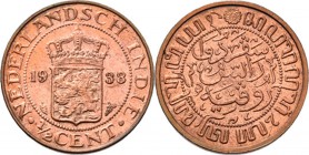 Dutch Oversea Regions
NEDERLANDS-INDISCH GOUVERNEMENT 1816–1949 - ½ Cent 1938, Copper, WILHELMINA 1890–1948 TYPE III mmt. druiventros. Gekroond rijks...