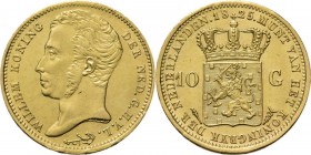 KONINKRIJK DER NEDERLANDEN - WILLEM I 1815–1840
10 Gulden of gouden tientje. 1825 Jong hoofd naar links door A. Michaut. TYPE I a (1818–1837). Mmt. f...