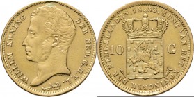 KONINKRIJK DER NEDERLANDEN - WILLEM I 1815–1840
10 Gulden of gouden tientje 1833 Jong hoofd naar links door A. Michaut. TYPE I a (1818–1837). Mmt. fa...