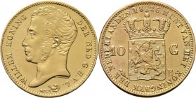 KONINKRIJK DER NEDERLANDEN - WILLEM I 1815–1840
10 Gulden of gouden tientje. 1826 Jong hoofd naar links door A. Michaut. TYPE I c (1824–1829). Mmt. p...