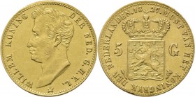 KONINKRIJK DER NEDERLANDEN - WILLEM I 1815–1840
5 Gulden of gouden vijfje 1827 Jong hoofd naar links door A. Michaut. TYPE I a (1827). Mmt. fakkel, m...