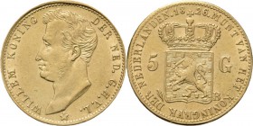 KONINKRIJK DER NEDERLANDEN - WILLEM I 1815–1840
5 Gulden of gouden vijfje 1826 Jong hoofd naar links door A. Michaut. TYPE I b (1826–1827). Mmt. palm...