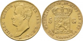 KONINKRIJK DER NEDERLANDEN - WILLEM I 1815–1840
5 Gulden of gouden vijfje 1827 Jong hoofd naar links door A. Michaut. TYPE I b (1826–1827). Mmt. palm...