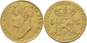 KONINKRIJK DER NEDERLANDEN - WILLEM I 1815–1840
5 Gulden of gouden vijfje 1827 Jong hoofd naar links door A. Michaut. TYPE I b (1826–1827). Mmt. palm...