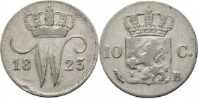 KONINKRIJK DER NEDERLANDEN - WILLEM I 1815–1840
10 Cent of dubbeltje. 1823 over 1822 Gekroonde sierlijke letter W tussen jaartal. TYPE I b (1823–1828...