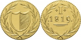 KONINKRIJK DER NEDERLANDEN - WILLEM I 1815–1840
Gouden Bleyensteinse duit 1819/(1962) Ovaal schild tussen 2 lauriertakken. Kz. + I + / .1819. dubbele...