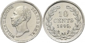 KONINKRIJK DER NEDERLANDEN - WILLEM II 1840–1849
10 Cent of dubbeltje 1849 Hoofd naar links door J. P. Schouberg. Mmt. zwaard, Mt. mercuriusstaf.Sch....