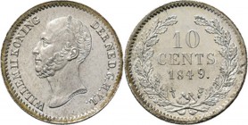 KONINKRIJK DER NEDERLANDEN - WILLEM II 1840–1849
10 Cent of dubbeltje 1849 Type I (1848–1849). Hoofd naar links door J. P. Schouberg. Mmt. zwaard. Mt...