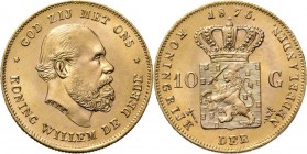 KONINKRIJK DER NEDERLANDEN - WILLEM III 1849–1890
10 Gulden of gouden tientje 1875 Hoofd rechts door I. P. M. Menger. Kz. rijkswapen tussen 10 – G. M...
