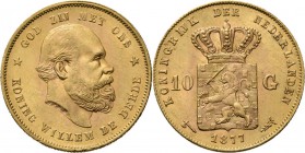 KONINKRIJK DER NEDERLANDEN - WILLEM III 1849–1890
10 Gulden of gouden tientje 1877 Hoofd rechts door I. P. M. Menger. Kz. rijkswapen tussen 10 – G. M...