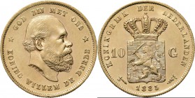 KONINKRIJK DER NEDERLANDEN - WILLEM III 1849–1890
10 Gulden of gouden tientje 1885 Hoofd rechts door I. P. M. Menger. Kz. rijkswapen tussen 10 – G. M...