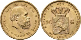 KONINKRIJK DER NEDERLANDEN - WILLEM III 1849–1890
10 Gulden of gouden tientje 1889 Hoofd rechts door I. P. M. Menger. Kz. rijkswapen tussen 10 – G. M...