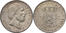 KONINKRIJK DER NEDERLANDEN - WILLEM III 1849–1890
1 Gulden 1854 Hoofd naar rechts door J. P. Schouberg. Mmt. zwaard, mt. mercuriusstaf.Sch. 607, Silv...