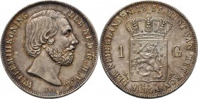 KONINKRIJK DER NEDERLANDEN - WILLEM III 1849–1890
1 Gulden 1855 Hoofd naar rechts door J. P. Schouberg. Mmt. zwaard, mt. mercuriusstaf.Sch. 608., Sil...