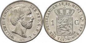 KONINKRIJK DER NEDERLANDEN - WILLEM III 1849–1890
1 Gulden 1855 Hoofd naar rechts door J. P. Schouberg. Mmt. zwaard, mt. mercuriusstaf.Sch. 608., Sil...