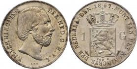 KONINKRIJK DER NEDERLANDEN - WILLEM III 1849–1890
1 Gulden 1857 Hoofd naar rechts door J. P. Schouberg. Mmt. zwaard, mt. mercuriusstaf.Sch. 610., Sil...
