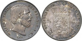 KONINKRIJK DER NEDERLANDEN - WILLEM III 1849–1890
½ Gulden 1857 Hoofd naar rechts door J. P. Schouberg. Mmt. zwaard, mt. mercuriusstaf.Sch. 624, Silv...