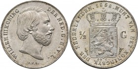KONINKRIJK DER NEDERLANDEN - WILLEM III 1849–1890
½ Gulden 1858 Hoofd naar rechts door J. P. Schouberg. Mmt. zwaard, mt. mercuriusstaf.Sch. 625., Sil...