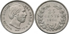 KONINKRIJK DER NEDERLANDEN - WILLEM III 1849–1890
25 Cent of kwartje 1890 Hoofd naar rechts door J. P. Schouberg. Mt. mercuriusstaf. TYPE I c (1889–1...