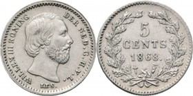 KONINKRIJK DER NEDERLANDEN - WILLEM III 1849–1890
5 Cents of stuiver 1868 Hoofd naar rechts door J. P. Schouberg. Mt. mercuriusstaf. TYPE I a (1850–1...
