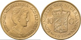 KONINKRIJK DER NEDERLANDEN - WILHELMINA 1890–1948
10 Gulden of gouden tientje. 1913 Hoofd naar rechts. Mt. mercuriusstaf. TYPE III (1911–1917). ‘Herm...