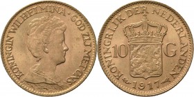 KONINKRIJK DER NEDERLANDEN - WILHELMINA 1890–1948
10 Gulden of gouden tientje. 1917 Hoofd naar rechts. Mt. mercuriusstaf. TYPE III (1911–1917). ‘Herm...