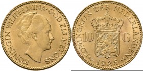 KONINKRIJK DER NEDERLANDEN - WILHELMINA 1890–1948
10 Gulden of gouden tientje. 1925 Hoofd naar rechts. Mt. mercuriusstaf. TYPE IV (1925–1933). ‘Ouder...