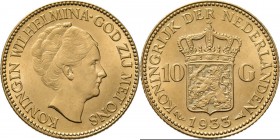 KONINKRIJK DER NEDERLANDEN - WILHELMINA 1890–1948
10 Gulden of gouden tientje. 1933 Hoofd naar rechts. Mt. mercuriusstaf. TYPE IV (1925–1933). ‘Ouder...
