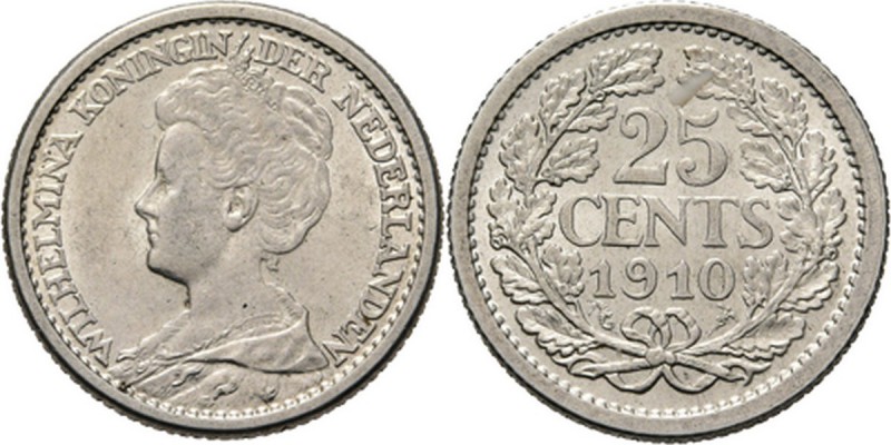 KONINKRIJK DER NEDERLANDEN - WILHELMINA 1890–1948
25 Cent of kwartje 1910 Hoofd...