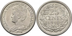 KONINKRIJK DER NEDERLANDEN - WILHELMINA 1890–1948
25 Cent of kwartje 1910 Hoofd naar links. Mt. mercuriusstaf. TYPE III (1910–1925). ‘Hermelijnen man...