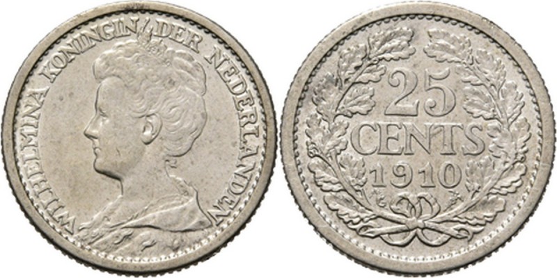 KONINKRIJK DER NEDERLANDEN - WILHELMINA 1890–1948
25 Cent of kwartje 1910 Hoofd...