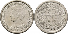 KONINKRIJK DER NEDERLANDEN - WILHELMINA 1890–1948
25 Cent of kwartje 1910 Hoofd naar links. Mt. mercuriusstaf. TYPE III (1910–1925). ‘Hermelijnen man...