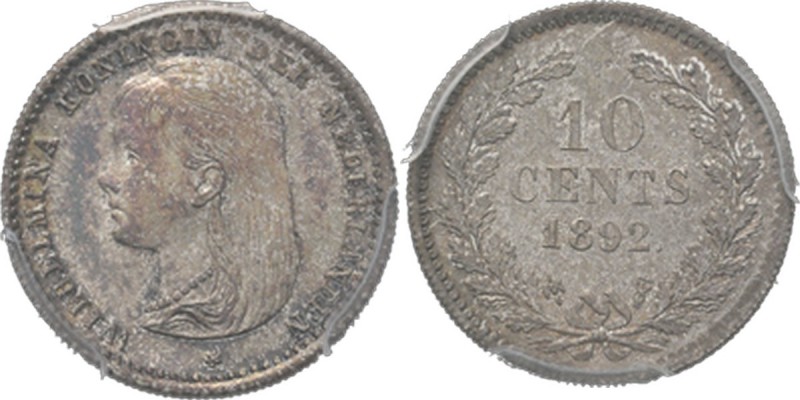 KONINKRIJK DER NEDERLANDEN - WILHELMINA 1890–1948
10 Cent of dubbeltje 1892 Hoo...