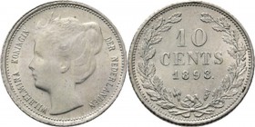KONINKRIJK DER NEDERLANDEN - WILHELMINA 1890–1948
10 Cent of dubbeltje 1898 Hoofd naar links. Mt. mercuriusstaf. TYPE II a (1898–1901). ‘Kroningstype...