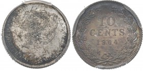 KONINKRIJK DER NEDERLANDEN - WILHELMINA 1890–1948
10 Cent of dubbeltje 1904 Hoofd naar links. Mt. mercuriusstaf. TYPE II c (1904–1906). ‘Kroningstype...