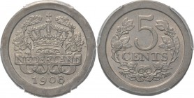 KONINKRIJK DER NEDERLANDEN - WILHELMINA 1890–1948
5 Cent of stuiver 1908 TYPE I (1907–1909). Rond plaatje. Geen mt. of mmt.Sch. 913., Nikkel munten P...