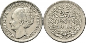 KONINKRIJK DER NEDERLANDEN - WILHELMINA 1890–1948
25 Cent of kwartje 1945, Munten door de Nederlandse regering in Amerika geslagen. Hoofd naar links....