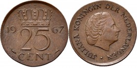 KONINKRIJK DER NEDERLANDEN - JULIANA 1948–1980
Misslag 25 Cent 1967 Hoofd naar rechts. Mt. mercuriusstaf. TYPE I a (1950–1969). Mmt. vis.Vgl. Sch. 11...