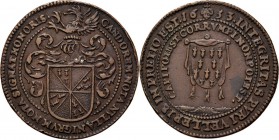 Medals
JETONS - REKENPENNINGEN - BRUSSEL. 1653 Gehelmd wapenschild van Van der Haegen. Kz. hermelijnen mantel binnen omschrift.Dugn. 4052; vO. I 1266...