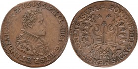 Medals
JETONS - REKENPENNINGEN - BEVRIJDING VAN QUESNOY. 1655 Borstbeeld Philips IV naar rechts. Kz. Bourgondisch kruis.Dugn. 4076; vO. I 1269. Mooi ...