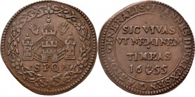 Medals
JETONS - REKENPENNINGEN - ANTWERPEN. 1655 Kasteel van Antwerpen binnen bloemenkrans. Kz. Joannes Diericxen, questor generalis. Dugn. 4077. Exe...