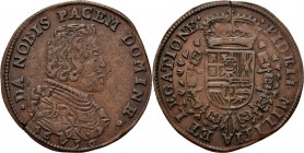 Medals
JETONS - REKENPENNINGEN - VERLANGEN NAAR VREDE. 1656 Borstbeeld van Philips IV naar rechts. Kz. gekroond Spaans wapen met keten van het Gulden...