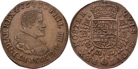 Medals
JETONS - REKENPENNINGEN - BRUSSEL. GEHEIME VERSTANDHOUDING VAN PHILIPS. 1658 Borstbeeld Philips IV naar rechts. Kz. gekroond Spaans wapen omha...