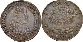 Medals
JETONS - REKENPENNINGEN - BRUSSEL. WAPENSTILSTAND TUSSEN FRANKRIJK EN SPANJE. 1659 Geharnast borstbeeld Philips IV naar rechts. Kz. helder sch...