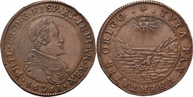 Medals
JETONS - REKENPENNINGEN - ANTWERPEN. HERDENKING VAN DE VREDE VAN DE PYRENEËN / GEBOORTE KAREL II. 1661 Borstbeeld Philips IV naar rechts. Kz. ...