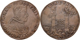 Medals
JETONS - REKENPENNINGEN - VERBOND TUSSEN SPANJE EN OOSTENRIJK. 1664 Borstbeeld Philips IV naar rechts. Kz. twee zuilen waarop adelaar en leeuw...