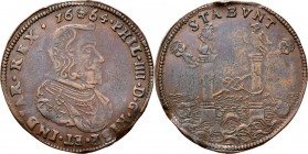 Medals
JETONS - REKENPENNINGEN - VERBOND TUSSEN SPANJE EN OOSTENRIJK. 1664 Borstbeeld Philips IV naar rechts. Kz. twee zuilen waarop adelaar en leeuw...