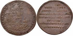 Medals
JETONS - REKENPENNINGEN - FRANÇOIS DE MOURA, GOUVERNEUR GENERAAL DER NEDERLANDEN. 1664 Gevecht tussen aartsengel en draak, op achtergrond wape...